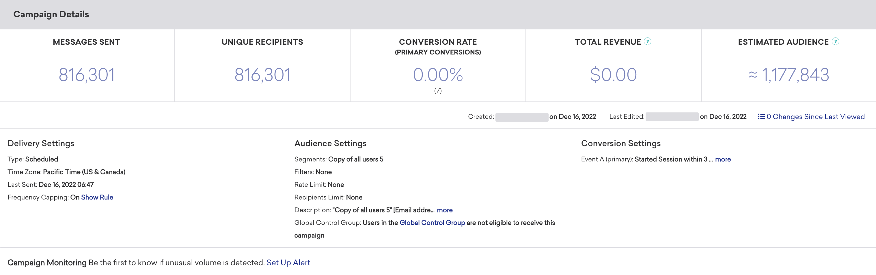 Campaign Details panel with an overview of metrics used to determine campaign performance.