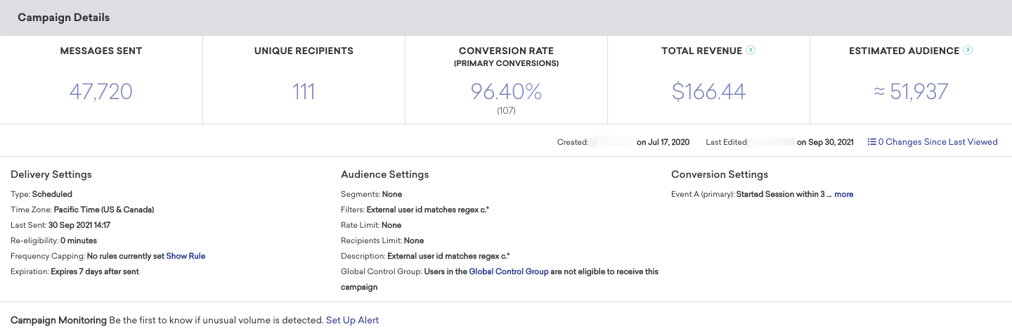 Campaign Details panel with an overview of metrics used to determine campaign performance.