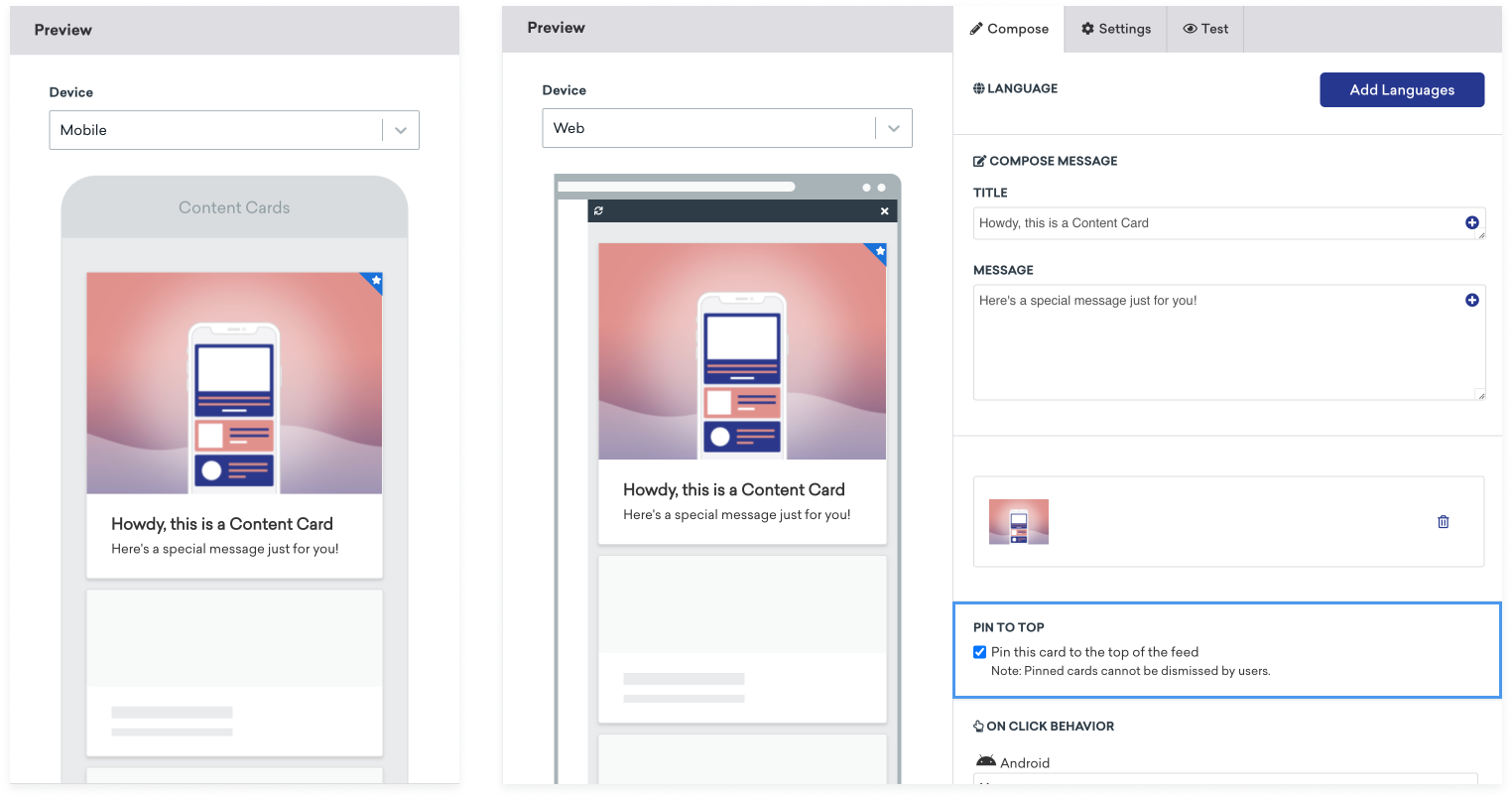 「このカードをフィードの一番上に固定する」オプションを選択した、モバイルおよび Web 用 Braze のコンテンツカードプレビューを並べて表示。