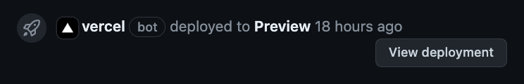 An example pull request showing the "View deployment" button generated by the Vercel bot.