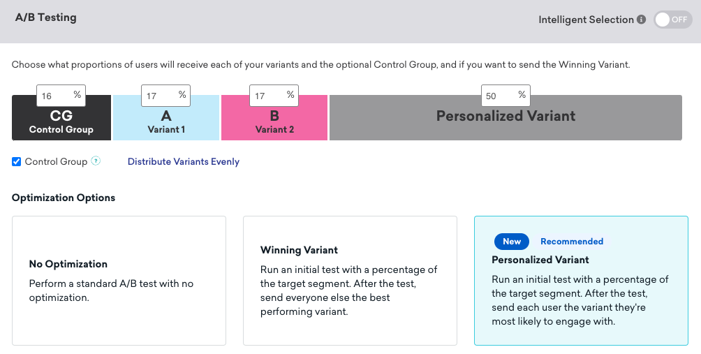 Optimization options listed in the A/B Testing section when choosing your target audience. Three options are listed: No Optimiziation, Winning Variant, and Personalized Variant. Personalized Variant is selected.