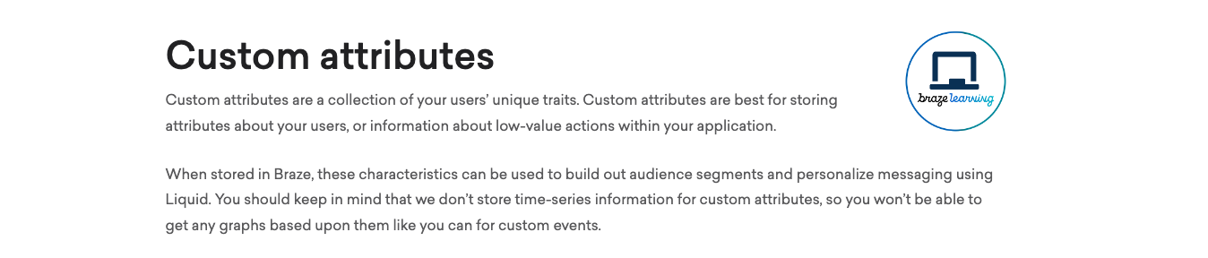 カスタム属性の記事にBraze learningのロゴがあり、カスタム属性のためのBrazeラーニングコース